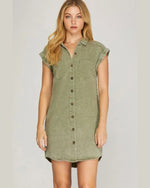 Folded Cuff Button Down Dress-Dresses-She+Sky-Small-Olive-kidtasticsgymnastics