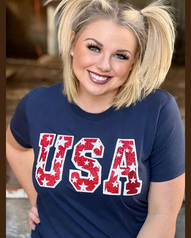 USA Tee with Stars in Red Glitter-T-Shirt-Texas True Threads-Small-Navy-kidtasticsgymnastics