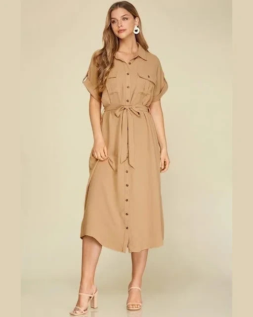 Drop Shoulder Button Down Dress-dress-She+Sky-Small-Taupe-kidtasticsgymnastics