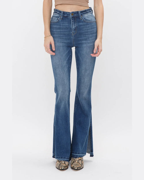 High Rise Flare Jeans w/ Side Slit-Jeans-MICA Denim-24-kidtasticsgymnastics