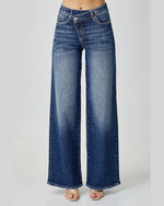 Mid Rise Crossover Wide Leg Jeans-Jeans-Risen Jeans-1-Dark-kidtasticsgymnastics