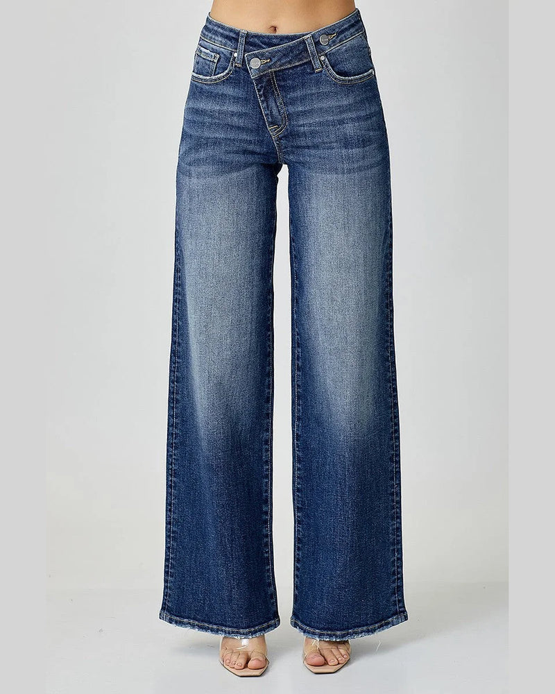 Mid Rise Crossover Wide Leg Jeans-Jeans-Risen Jeans-1-Dark-kidtasticsgymnastics