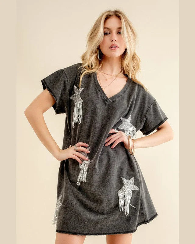 Star Studded Fringe Shirt Dress-Dresses-Blue B-Small-Black-kidtasticsgymnastics