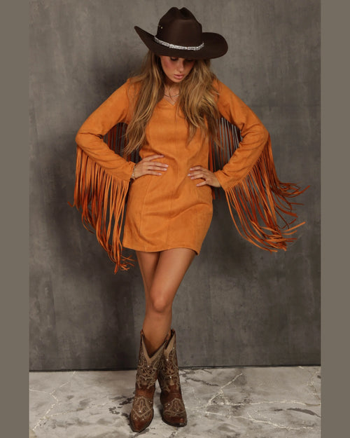 Suede Fringe Dress-Dresses-Blue Buttercup-Small-Camel-kidtasticsgymnastics