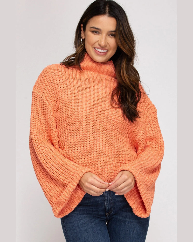 Wide Sleeve Mock Neck Sweater-Sweaters-She+Sky-Small-Coral-kidtasticsgymnastics