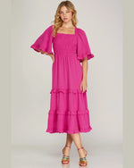 Square Neck Smocked Tiered Midi Dress-Dresses-She+Sky-Small-Hot Pink-kidtasticsgymnastics