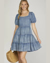 Puff Sleeve Square Neck Tiered Dress-Dresses-She+Sky-Small-Denim Blue-kidtasticsgymnastics