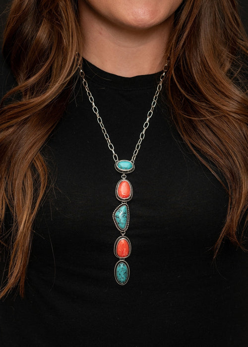 Turquoise/Coral Stone Drop Necklace-Necklaces-West & Co-kidtasticsgymnastics