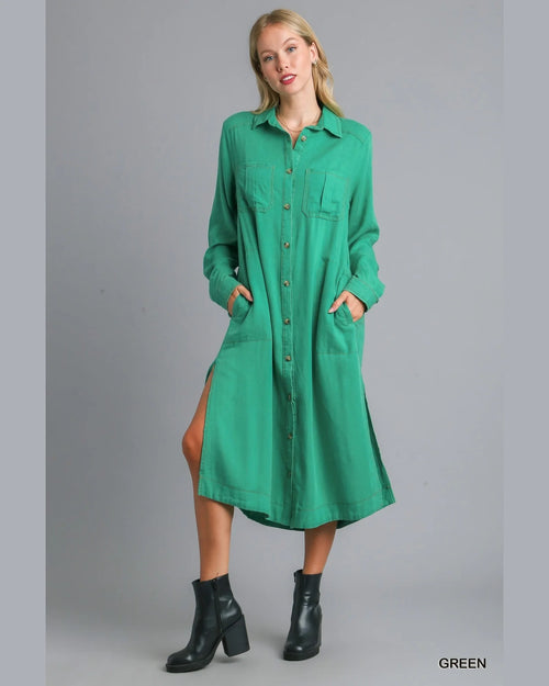 Mineral Wash Button Down Dress-Dresses-Umgee-Small-Green-kidtasticsgymnastics