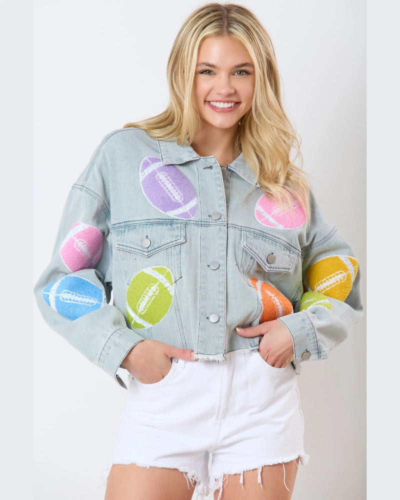 Football Embroidered Denim Jacket-Jackets-Peach Love California-Lt Denim-Small-kidtasticsgymnastics