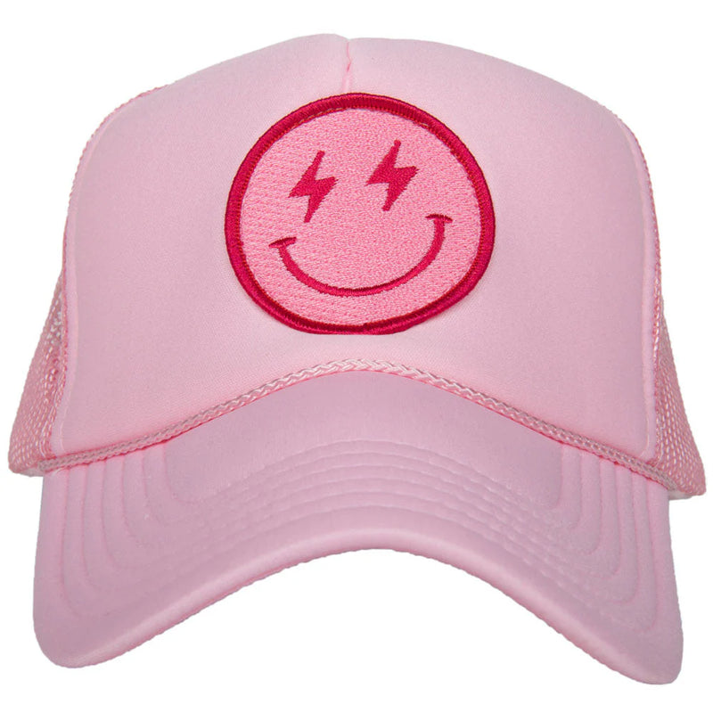 Hot Pink Lightning Happy Face Trucker Hat-Hats-Katydid-Light Pink-kidtasticsgymnastics