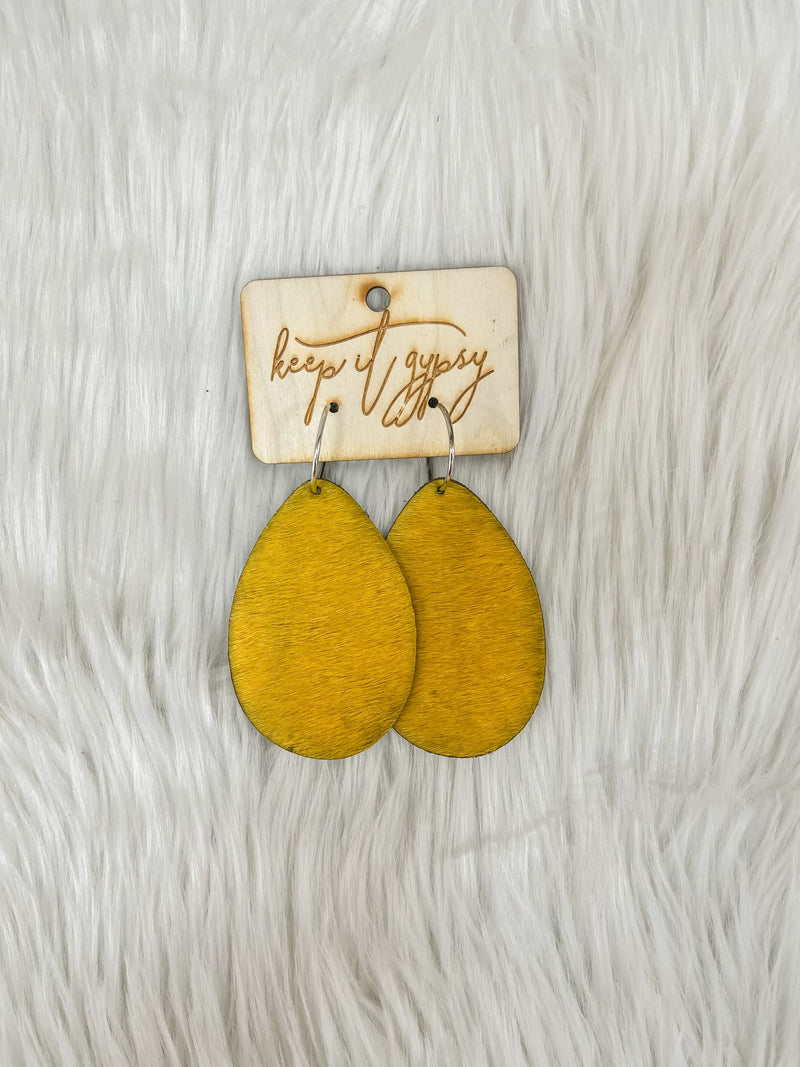 Cowhide Teardrop Earrings-Earrings-Keep it Gypsy-Mustard-kidtasticsgymnastics